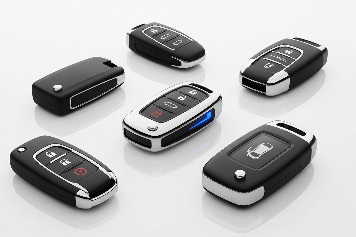 Key programming Port Charlotte: a collection of smart and proximity keys arranged on a reflective surface.
