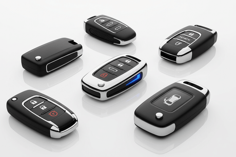 Key programming Port Charlotte: a collection of smart and proximity keys arranged on a reflective surface.