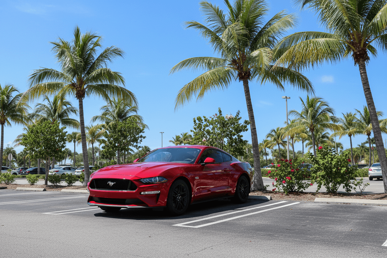 Unlocking Solutions: Comprehensive Guide to Car and Truck Key Replacement in Port Charlotte FL with red car and palm trees.