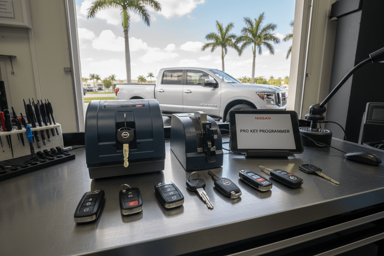 Tips for Truck Key Replacement and Transponder Key Solutions in Punta Gorda FL displayed at a key programming station.