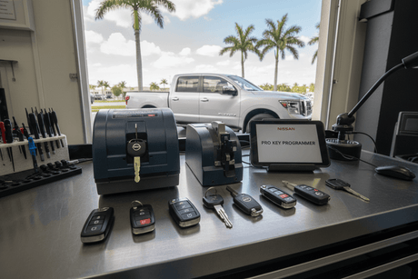 Tips for Truck Key Replacement and Transponder Key Solutions in Punta Gorda FL displayed at a key programming station.