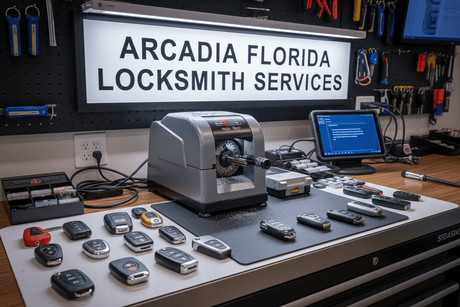 Troubleshooting Smart Key and Remote Key Fob Issues at Arcadia Florida Locksmith Services with key cutting equipment.