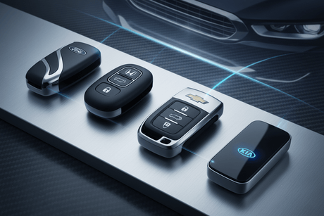 Transponder Key and Proximity Key Tech in Punta Gorda FL displayed on a sleek surface with modern car keys.