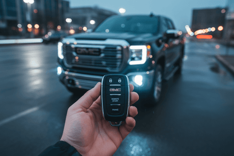 A hand holding a GMC key fob in front of a GMC truck showcasing car key replacement Port Charlotte.