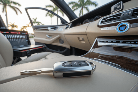 Importance of Push Button Start and Flip Key Innovations for Arcadia FL Residents with modern car key in interior.