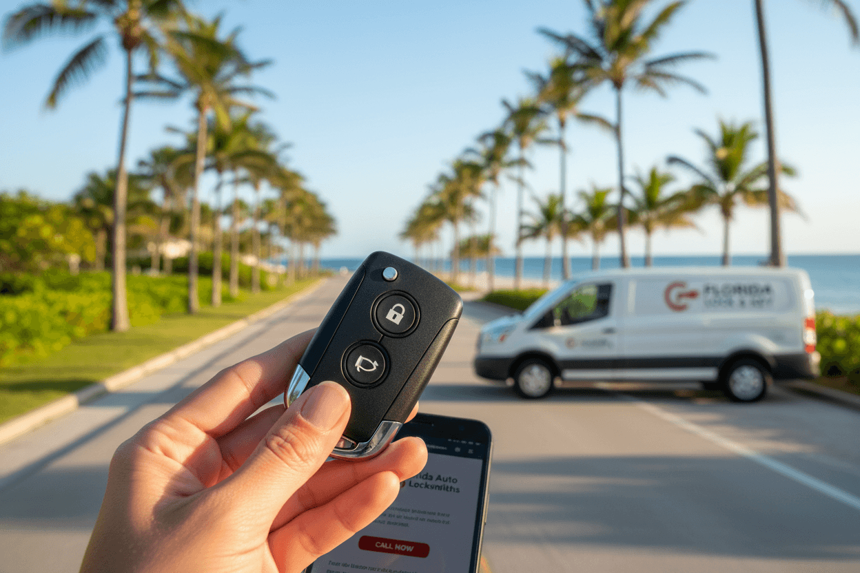 Key Fob Problems and Solutions in Port Charlotte FL with palm trees and a service van in the background.