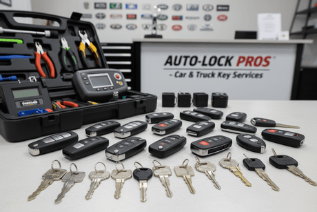 Car Key Replacement Vs Truck Key Replacement in Arcadia FL with various keys and tools displayed.