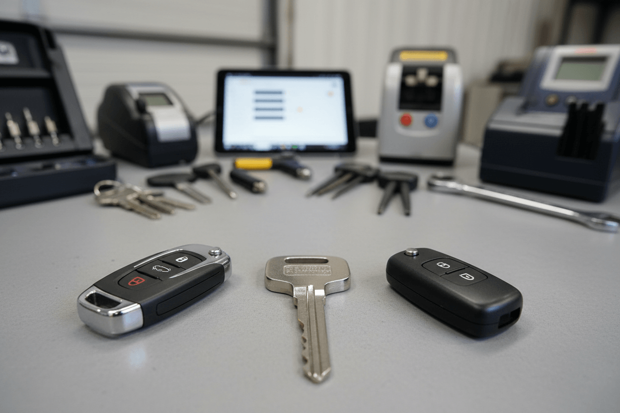 Truck key replacement Punta Gorda solutions featuring keys and key fobs on a workbench.