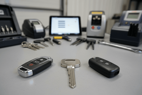 Truck key replacement Punta Gorda solutions featuring keys and key fobs on a workbench.