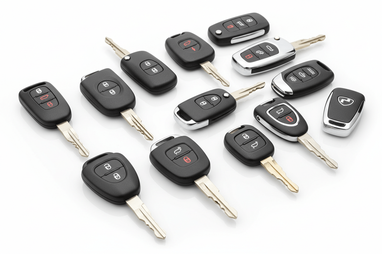 Auto locksmith services Arcadia FL featuring various flip and remote head keys on a white background.