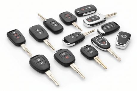 Auto locksmith services Arcadia FL featuring various flip and remote head keys on a white background.