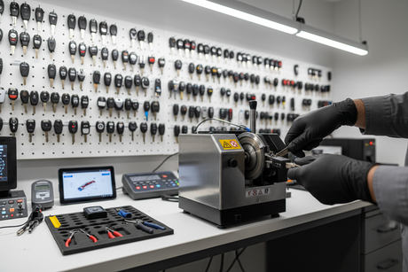 The Evolution of Car Keys in Port Charlotte showcased with a key cutting machine and various car keys in a workshop.
