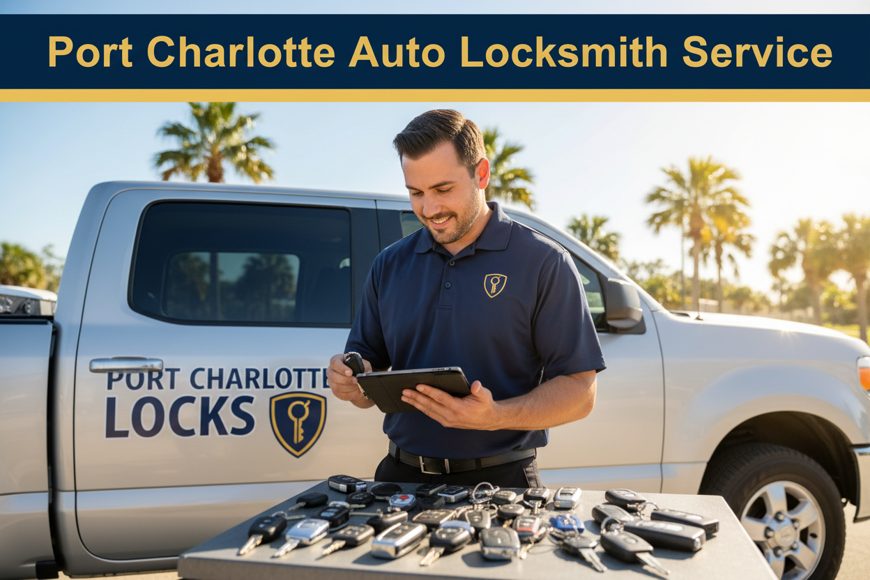 Port Charlotte auto locksmith services Port Charlotte technician with keys and tablet