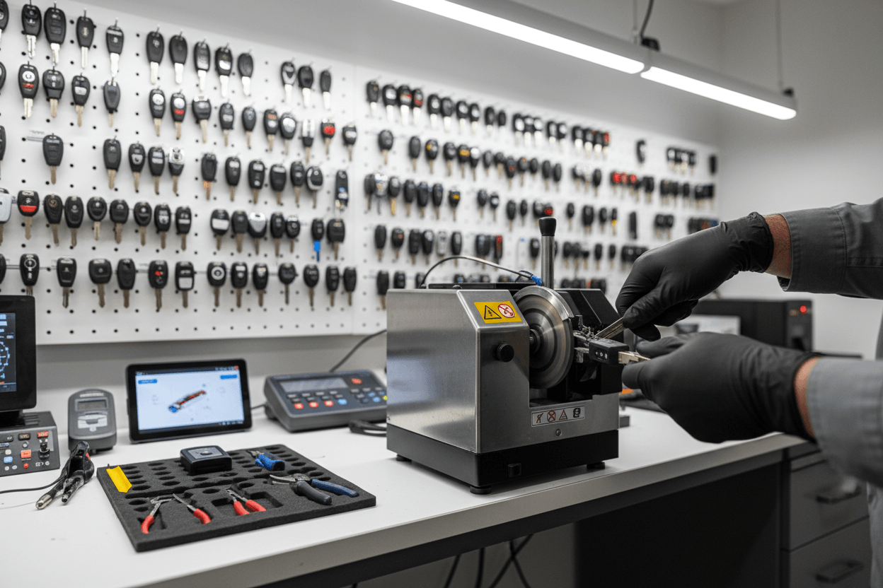 The Evolution of Car Keys in Port Charlotte showcased with a key cutting machine and various car keys in a workshop.