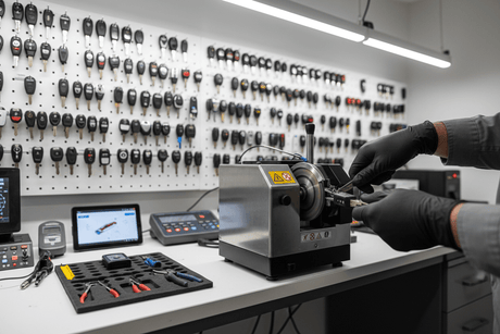 The Evolution of Car Keys in Port Charlotte showcased with a key cutting machine and various car keys in a workshop.