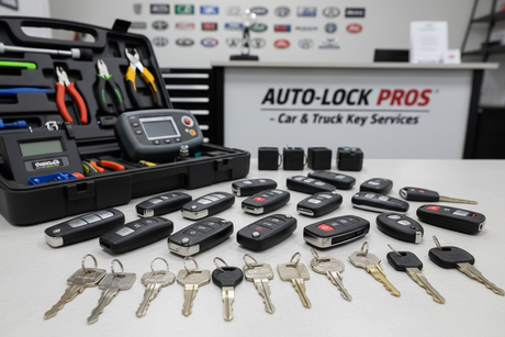 Car Key Replacement Vs Truck Key Replacement in Arcadia FL with various keys and tools displayed.