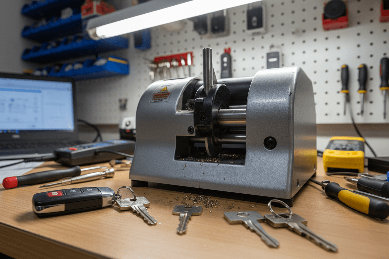Essential Guide to Car Key Replacement in Arcadia FL - Key cutting machine with car keys on a workbench.