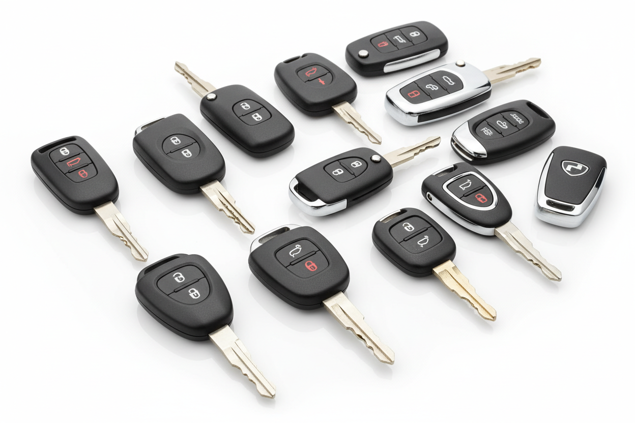 Auto locksmith services Arcadia FL featuring various flip and remote head keys on a white background.