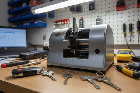 Essential Guide to Car Key Replacement in Arcadia FL - Key cutting machine with car keys on a workbench.