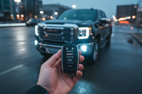A hand holding a GMC key fob in front of a GMC truck showcasing car key replacement Port Charlotte.