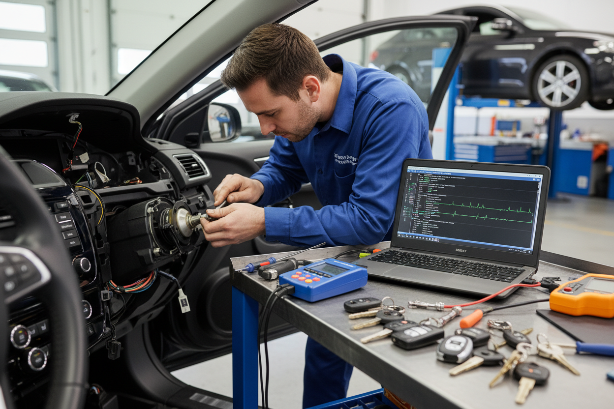 Technician performing ignition repair and key programming Arcadia FL with tools and equipment in workshop.