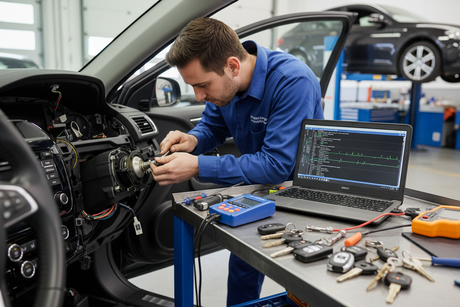 Technician performing ignition repair and key programming Arcadia FL with tools and equipment in workshop.