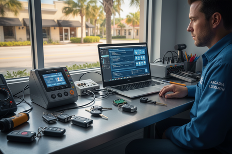 Key Programming Trends in Arcadia FL: Technician working with programming tools at a desk.