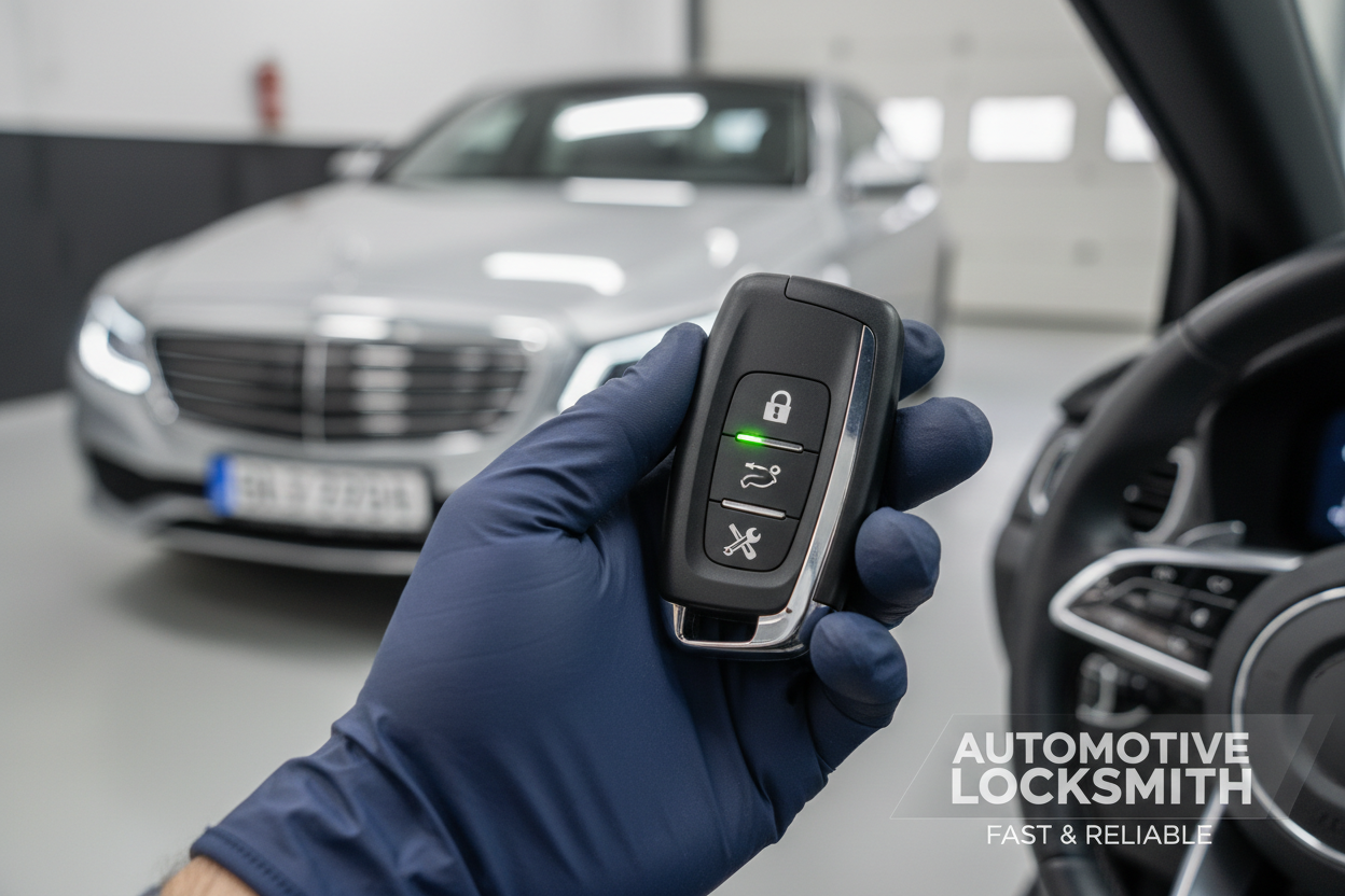 Lost Your Car Keys? Need Replacement Fast? Read This Guide. A locksmith holding a car key fob in front of a vehicle.