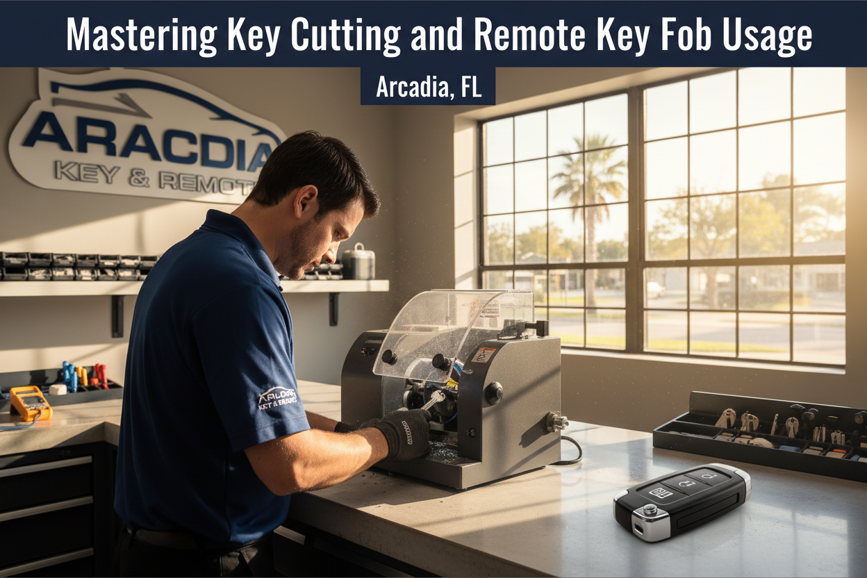 Mastering Key Cutting and Remote Key Fob Usage in Arcadia FL with a key cutting machine.