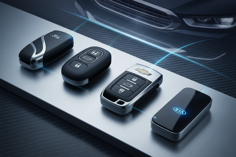 Transponder Key and Proximity Key Tech in Punta Gorda FL displayed on a sleek surface with modern car keys.