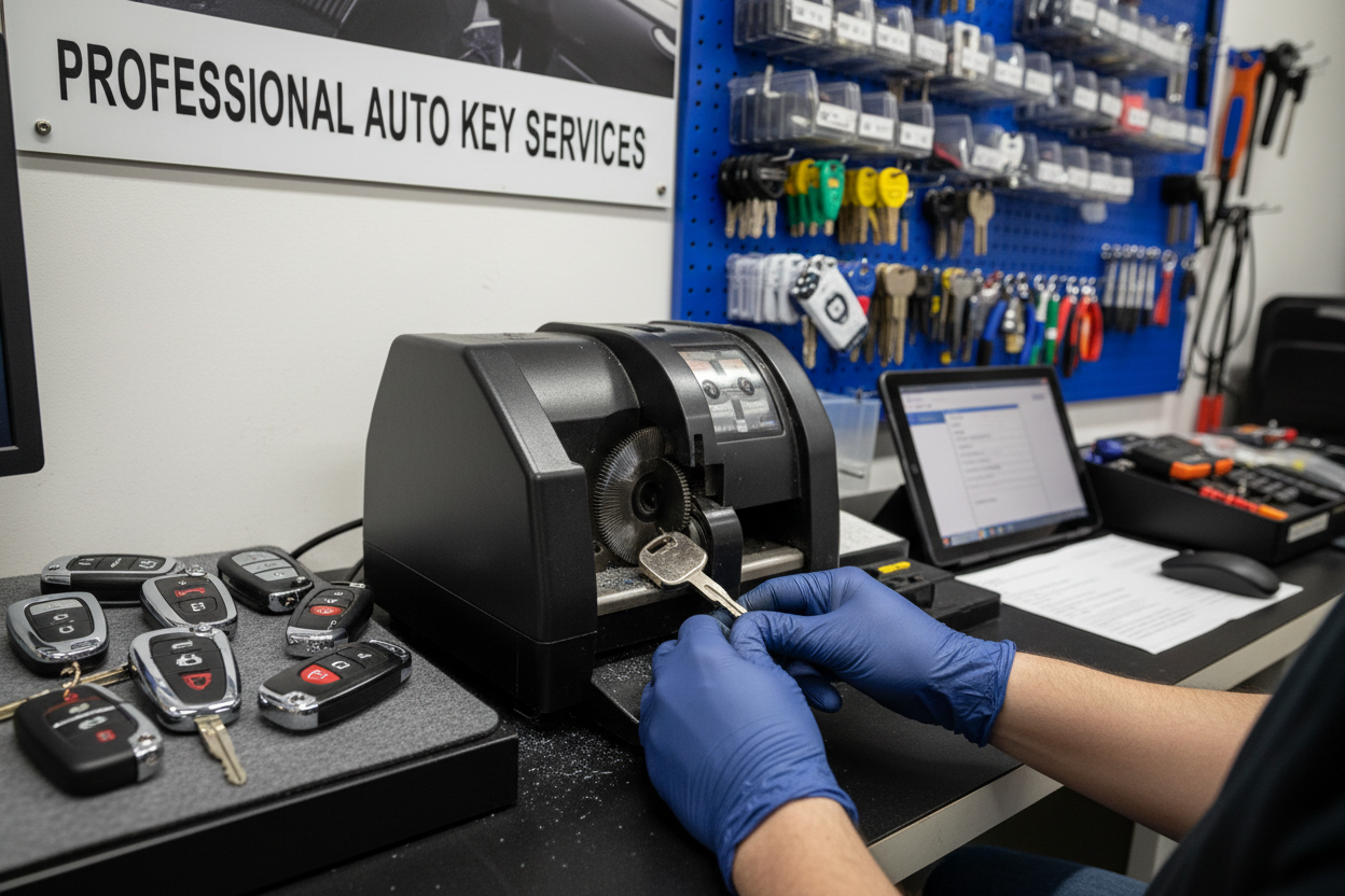 Simplifying Remote Key Fob Replacement and Key Cutting in Arcadia FL services being performed on a key cutting machine.