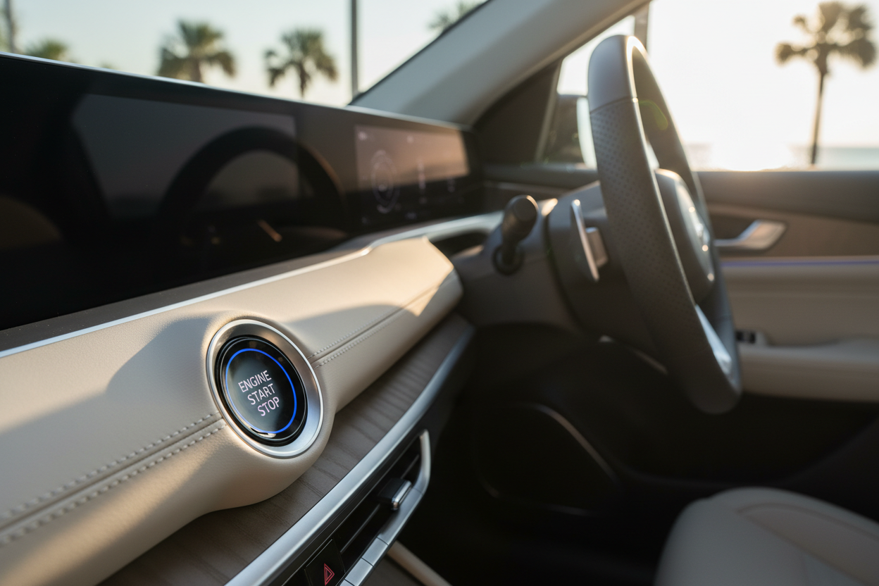 Interior view of a vehicle showcasing push start features Port Charlotte FL with modern design and dashboard.
