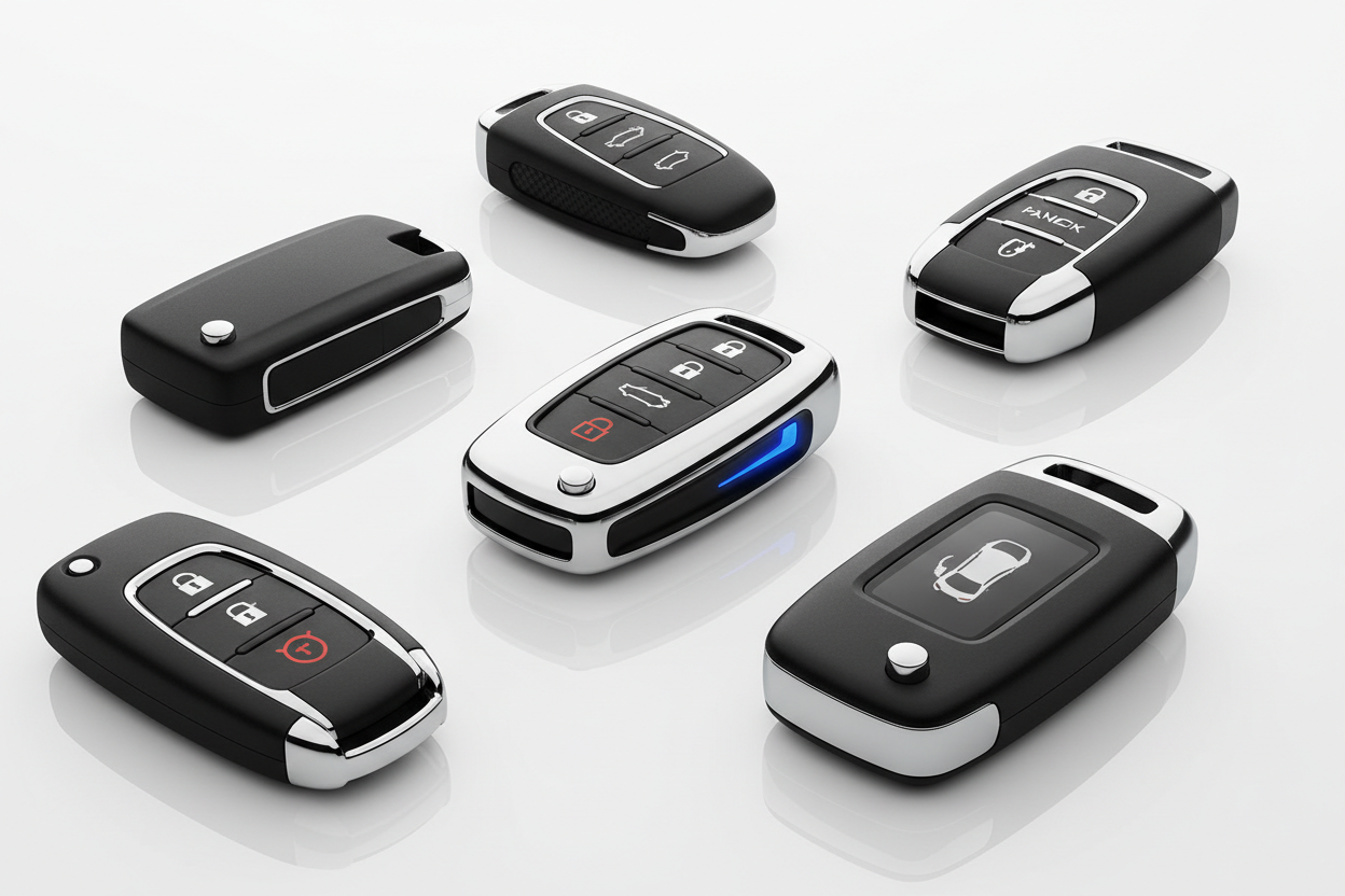 Key programming Port Charlotte: a collection of smart and proximity keys arranged on a reflective surface.