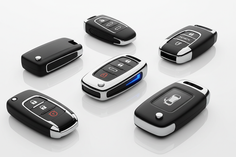 Key programming Port Charlotte: a collection of smart and proximity keys arranged on a reflective surface.