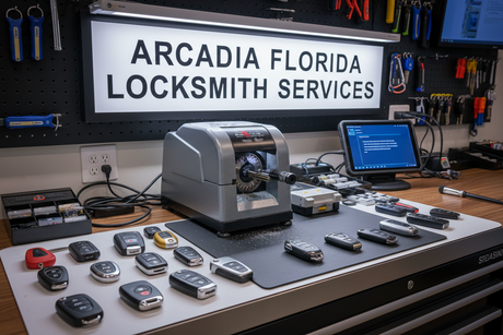 Troubleshooting Smart Key and Remote Key Fob Issues at Arcadia Florida Locksmith Services with key cutting equipment.
