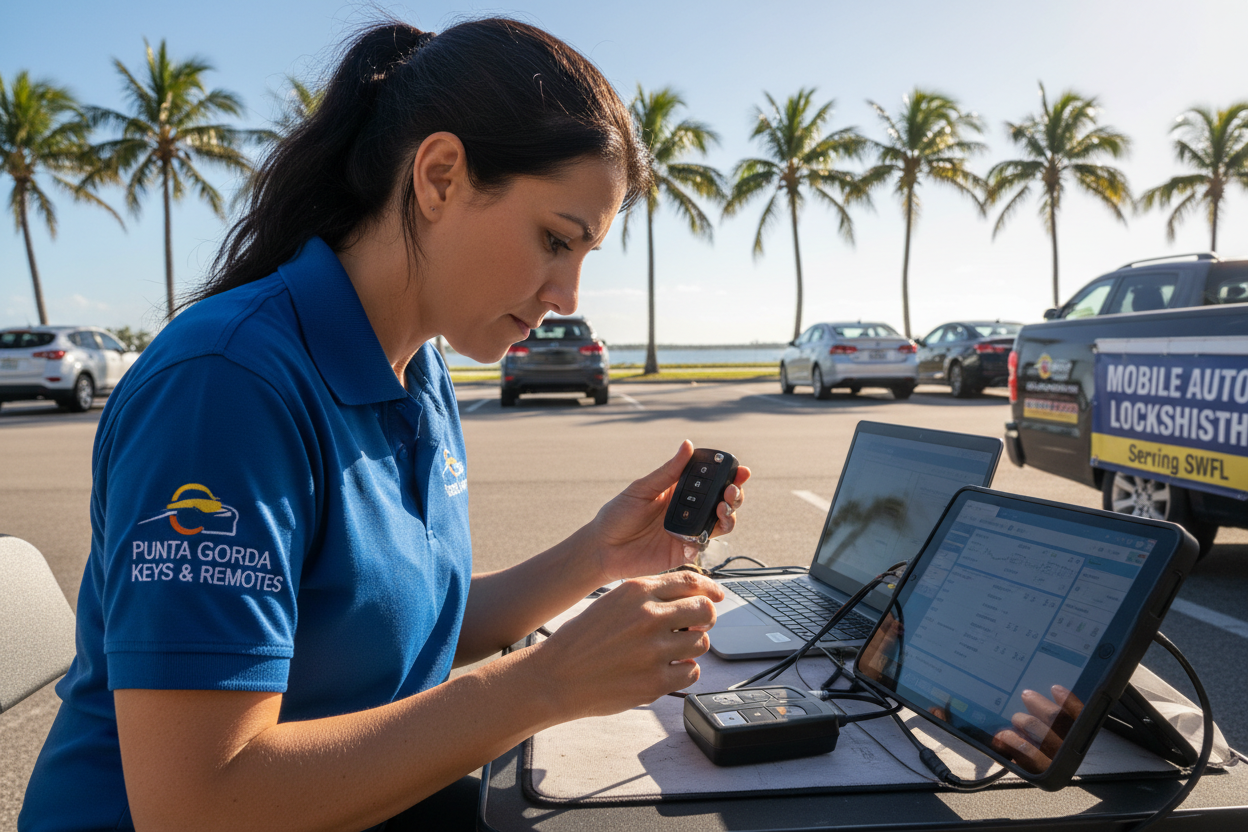 Auto locksmiths smart key solutions Punta Gorda professional working on a remote key at a mobile service station.