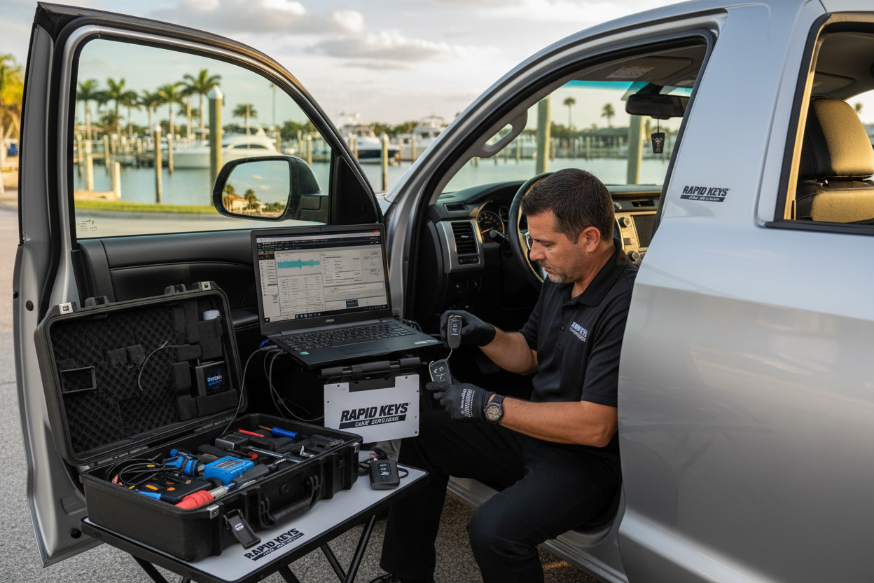 key fob programming cape coral with auto locksmith using specialized tools at a vehicle.