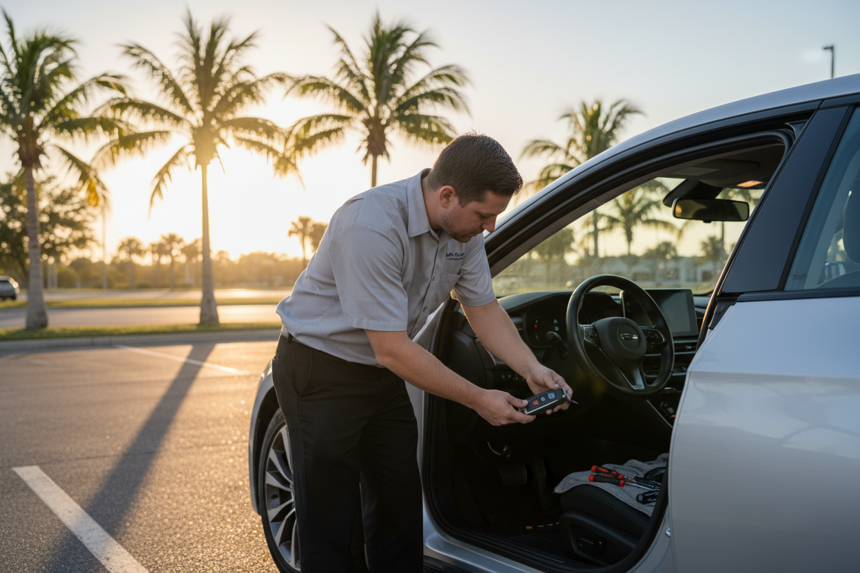 Technician providing transponder key ignition repair Arcadia FL services to a vehicle at sunset.